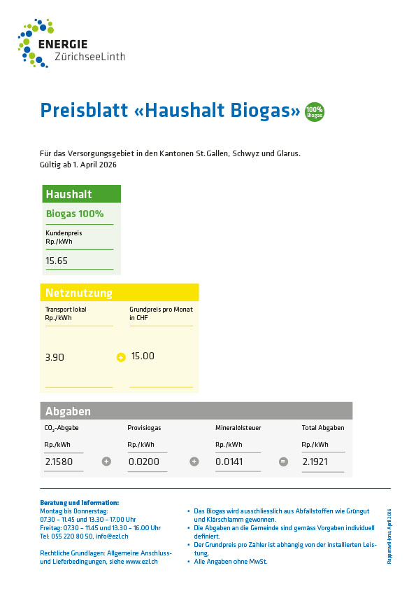 Preisblatt Haushalt Biogas